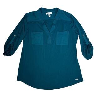 Calvin Klein Women’s Blouse Medium Teal Green 3/4 Roll Tab Sleeve V-Neck